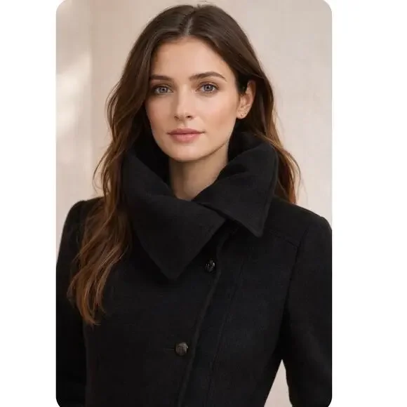 Mackage Black Wool Blend Funnel Neck Peacoat Minimalist Quiet Luxury Medium - Picture 2 of 16